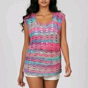 Handmade Crochet Top Womens Medium Multicolor Oversized Knit Bohemian Festival